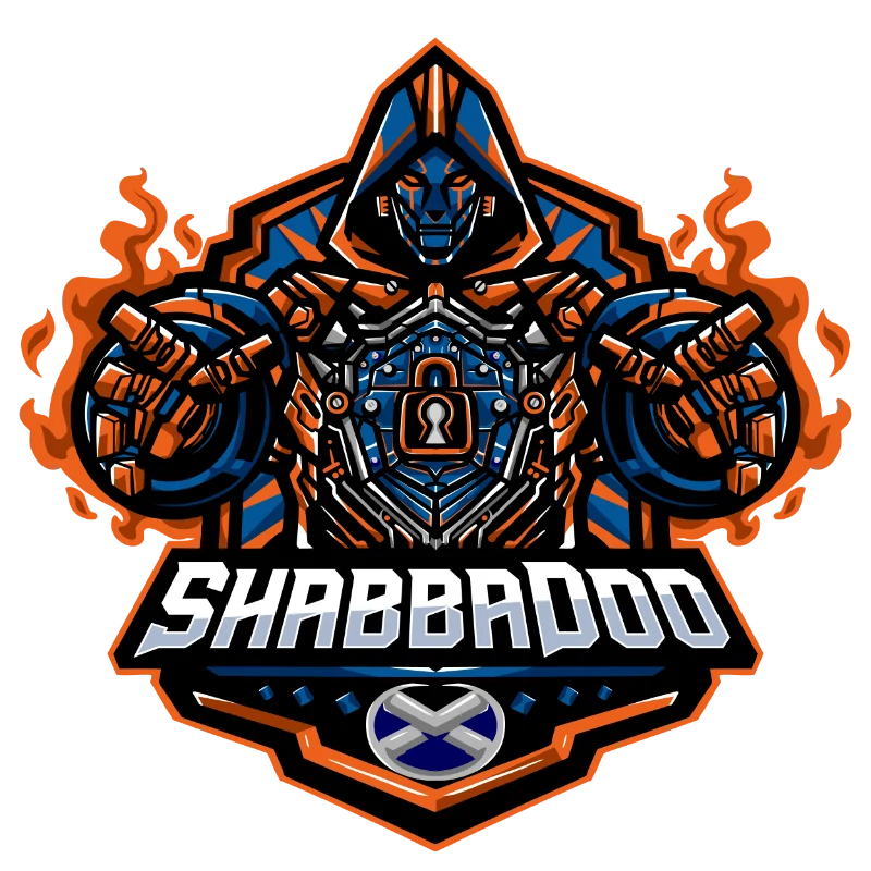 ShabbaDoo emblem: a hooded cyborg with a padlock on its chest, framed by flames